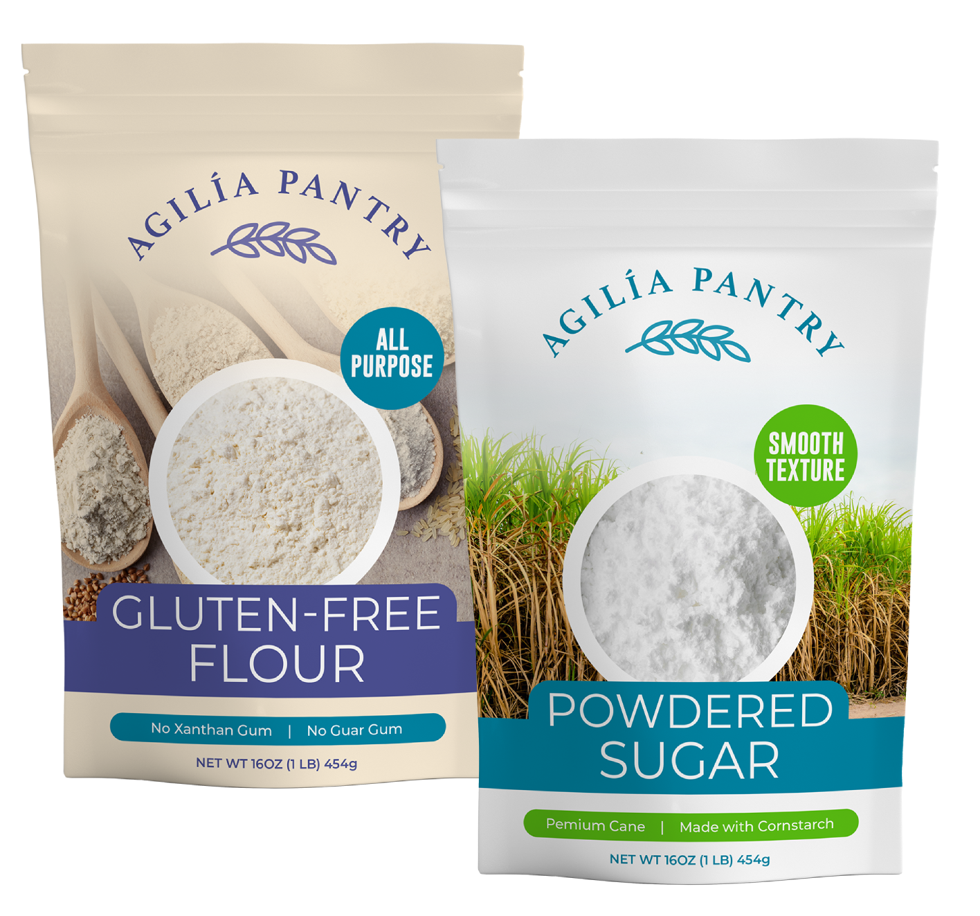 Gluten free flour and powdered sugar packaging